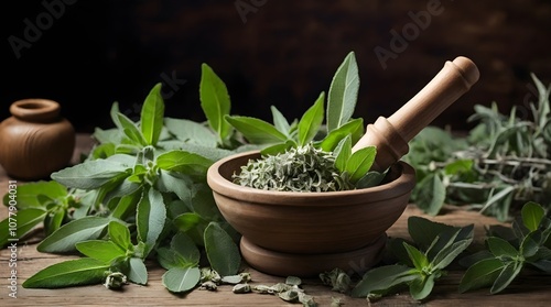 Green sage leaves and pestle in mortar on wooden table.generative.ai