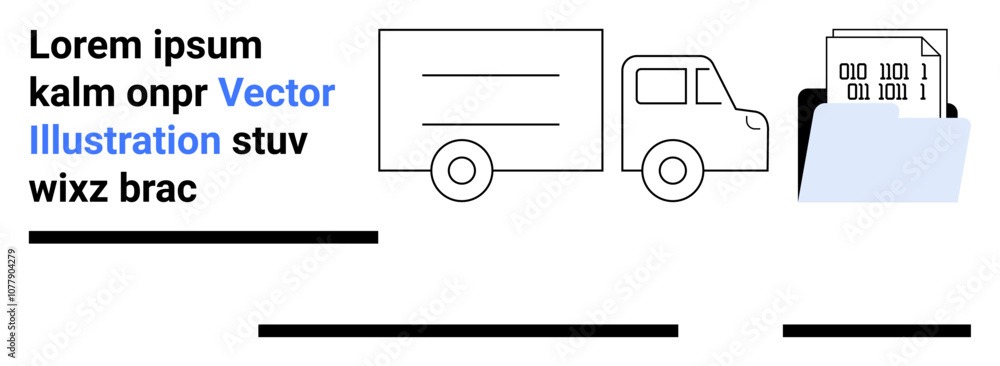 Truck icon alongside file folder containing binary code document. Ideal for logistics, technology, data storage, transportation, programming, document management, cloud storage. Landing page Truck icon alongside file folder containing binary code document. Ideal for logistics, technology, data storage, transportation, programming, document management, cloud storage. Landing page