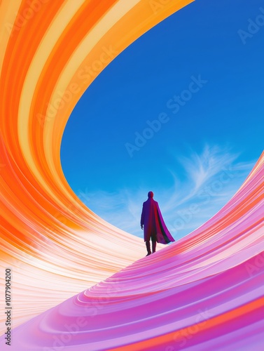 3D silhouette of person figure standing on mountain peak back view under rainbow swirl colorful sky fashion dreamy cyberpunk futuristic tech abstract background