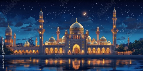 Wallpaper Mural Illuminated Mosque with Golden Lights Reflecting on Water at Night Torontodigital.ca