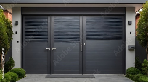 High dark grey home door aluminum gate gray slats portal garden.generative.ai