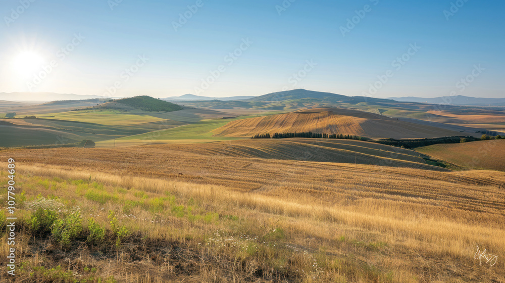 A wide landscape with rolling hills under a clear blue sky, the golden sun casting a warm glow over the fields A wide landscape with rolling hills under a clear blue sky, the golden sun casting a warm glow over the fields