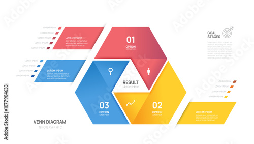 Venn diagram infographic chart template for business start up 3 step presentation with venn diagram elements vector illustration.
