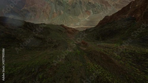 FPV drone descending a mountain slope in Tibet