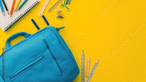 Backpack & School Supplies on Yellow Background