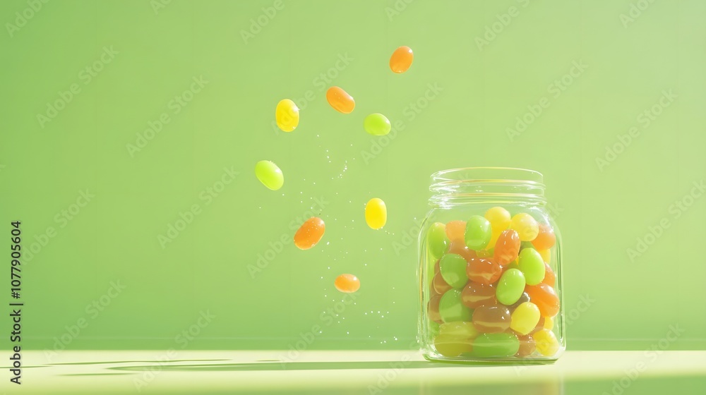 Colorful Jelly Beans in Glass Jar on Green Background Colorful Jelly Beans in Glass Jar on Green Background