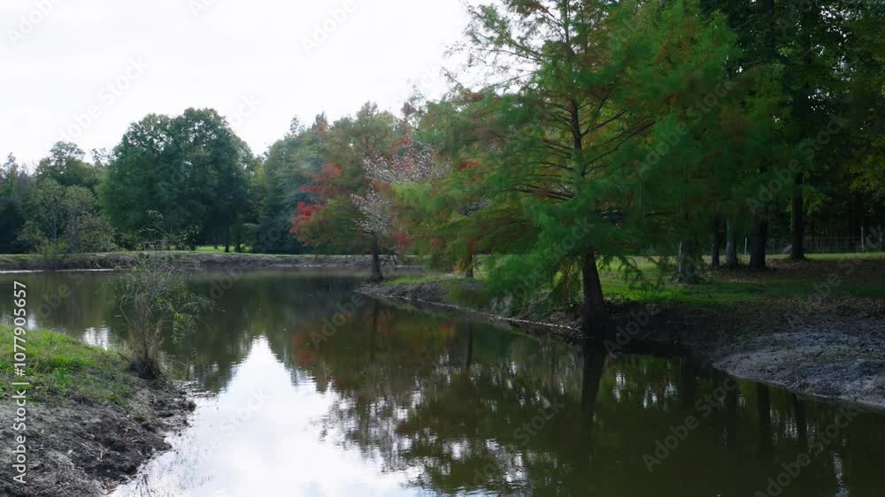 A peaceful pond scene with reflections of autumn foliage and green trees. The quiet water mirrors the natural beauty of vibrant leaves along the shoreline, creating a serene, rural landscape. A peaceful pond scene with reflections of autumn foliage and green trees. The quiet water mirrors the natural beauty of vibrant leaves along the shoreline, creating a serene, rural landscape.