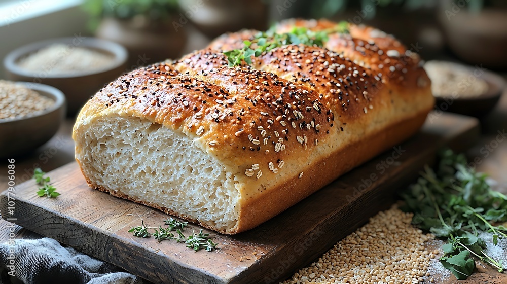 A freshly baked loaf of sourdough bread with sesame seeds and herbs on a wooden cutting board. A freshly baked loaf of sourdough bread with sesame seeds and herbs on a wooden cutting board.