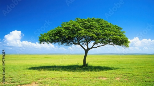 A solitary tree stands in a vast green field under a bright blue sky with fluffy clouds.