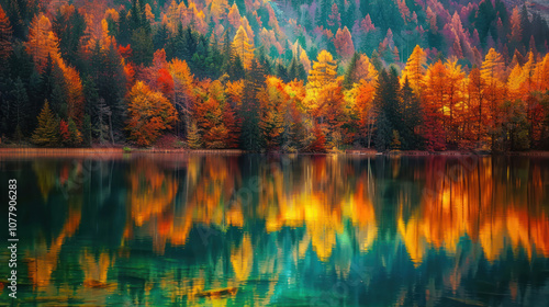 Calm lake in the heart of an autumn forest, the colorful foliage casting a golden glow on the water's surface