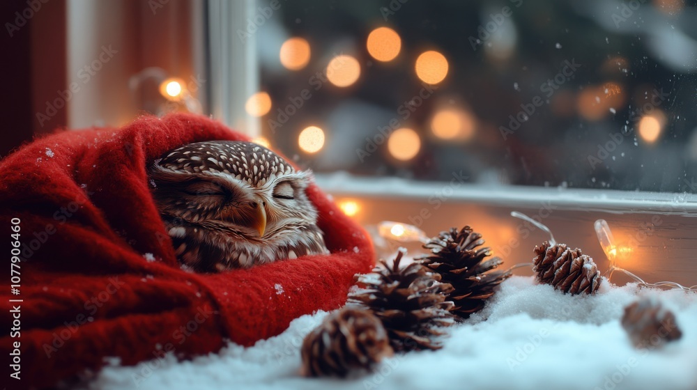 Obraz premium A sleepy owl partially covered by a red woolen blanket on a snowy windowsill, with pinecones and holiday lights in soft focus behind, copy space, Merry Christmas background, wintry wildlife scene,