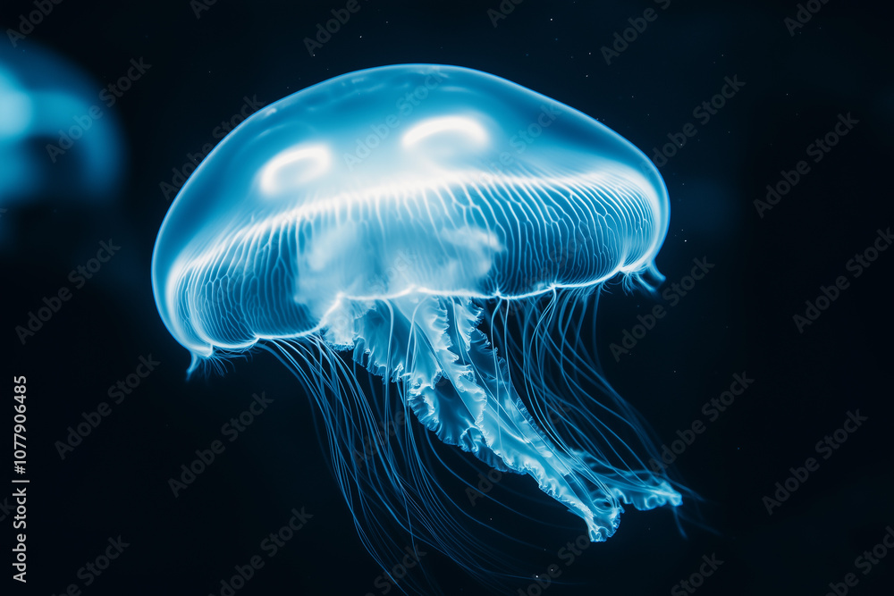 A luminous jellyfish with translucent bell and trailing tentacles, glowing in a dark underwater environment