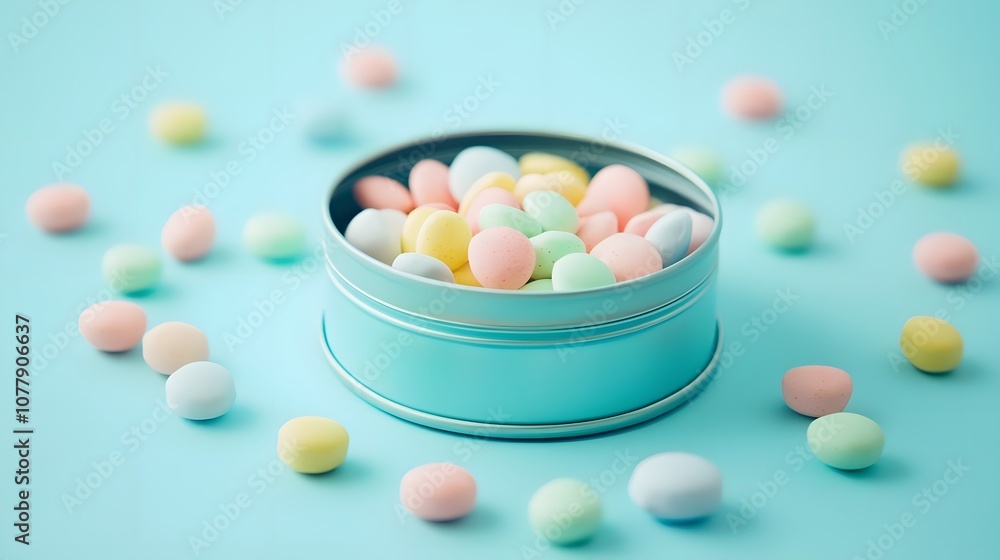 Pastel Candy in a Tin on Blue Background Pastel Candy in a Tin on Blue Background