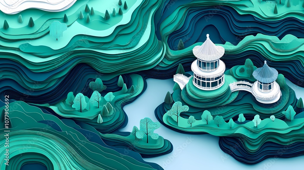 Traditional green and white paper-cut art Chinese landscape poster background Traditional green and white paper-cut art Chinese landscape poster background