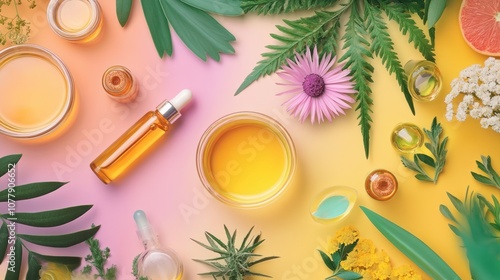 Natural Beauty Products with Flower and Green Leaves
