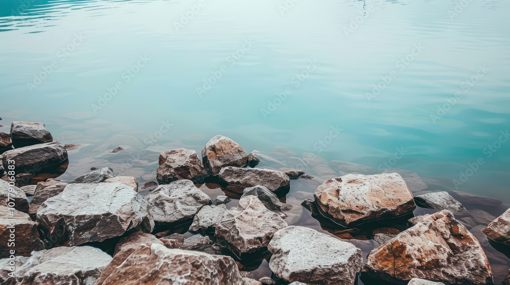 Calm lake with a rocky shoreline, the smooth rocks meeting the still water, creating a beautiful, minimalist landscape Calm lake with a rocky shoreline, the smooth rocks meeting the still water, creating a beautiful, minimalist landscape