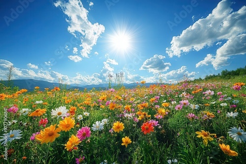 lush summer meadow bursting with colorful wildflowers basking under a bright blue sky filled with fluffy white clouds radiating a joyful serene mood and natures beauty