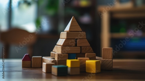 Wooden toy pyramid and blocks on a childa??s play table photo