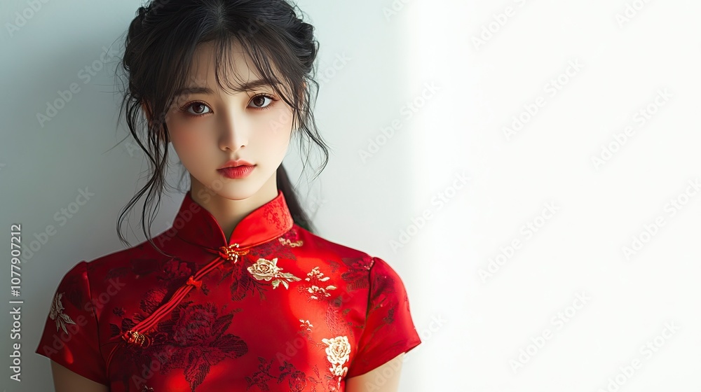 1 full-length portrait of a Chinese girl wearing a red cheongsam on a white background, generative ai 1 full-length portrait of a Chinese girl wearing a red cheongsam on a white background, generative ai
