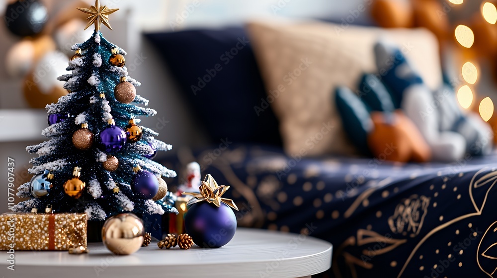A small, decorated Christmas tree sits on a table next to gifts. A small, decorated Christmas tree sits on a table next to gifts.