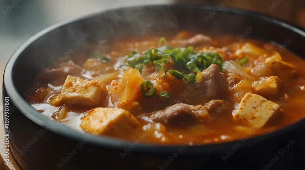 A hot bowl of kimchi jjigae, spicy stew made with kimchi, tofu, pork, and gochujang.
A hot bowl of kimchi jjigae, spicy stew made with kimchi, tofu, pork, and gochujang.