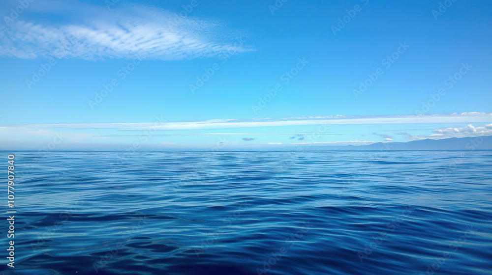 Clear sky meeting a distant horizon over the ocean, the soft blue sky blending with the deep blue sea Clear sky meeting a distant horizon over the ocean, the soft blue sky blending with the deep blue sea