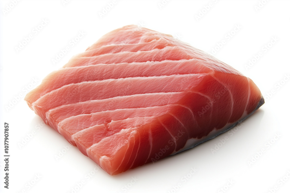 Fresh Raw Tuna Steak Sashimi Cut with Visible Muscle Fibers on a White Background Fresh Raw Tuna Steak Sashimi Cut with Visible Muscle Fibers on a White Background