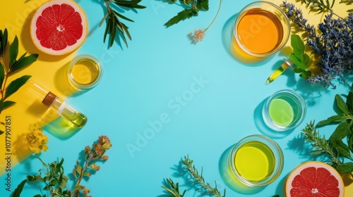 Natural Essential Oils and Herbs on a Blue and Yellow Background