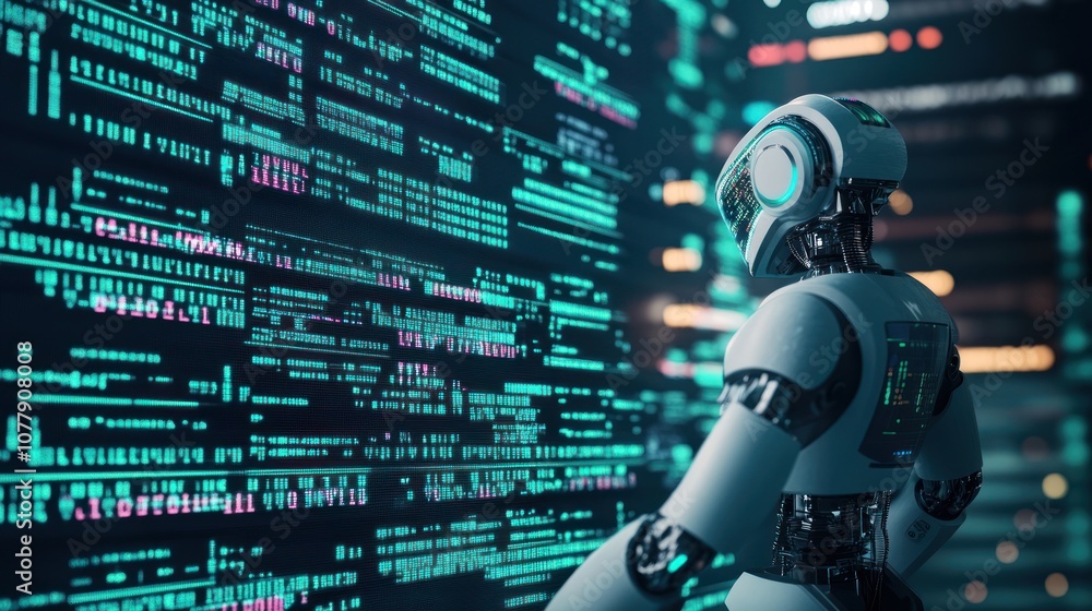 A futuristic robot interacting with a digital data display. A futuristic robot interacting with a digital data display.