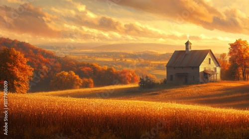 Golden Hour Farmhouse in Autumnal Landscape