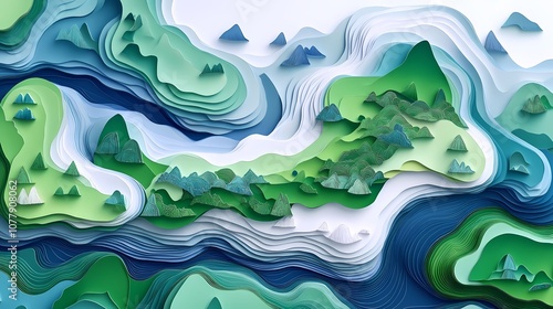 Traditional green and white paper-cut art Chinese landscape poster background