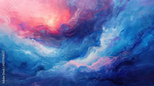 Colorful abstract sky with bold, swirling shapes, mixing vibrant blues and pinks in a cosmic dreamscape