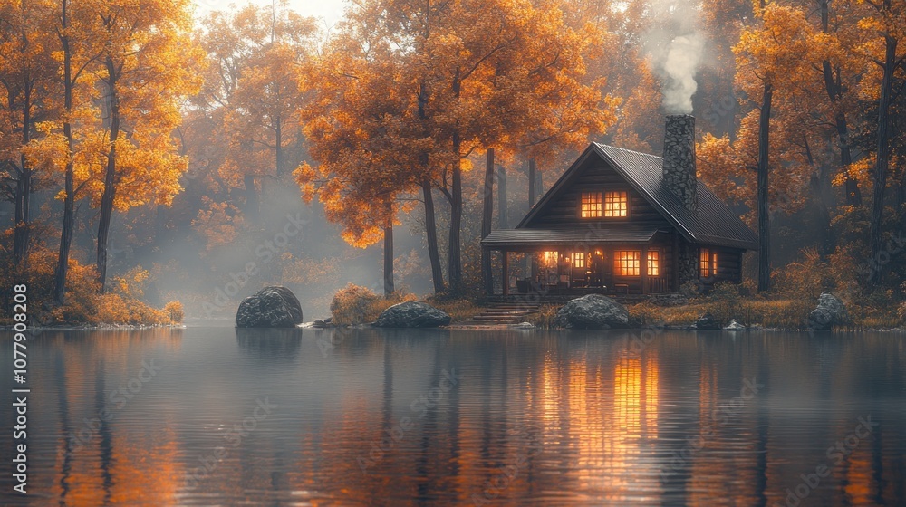 Fototapeta premium Cozy cabin by a serene lake surrounded by autumn foliage.