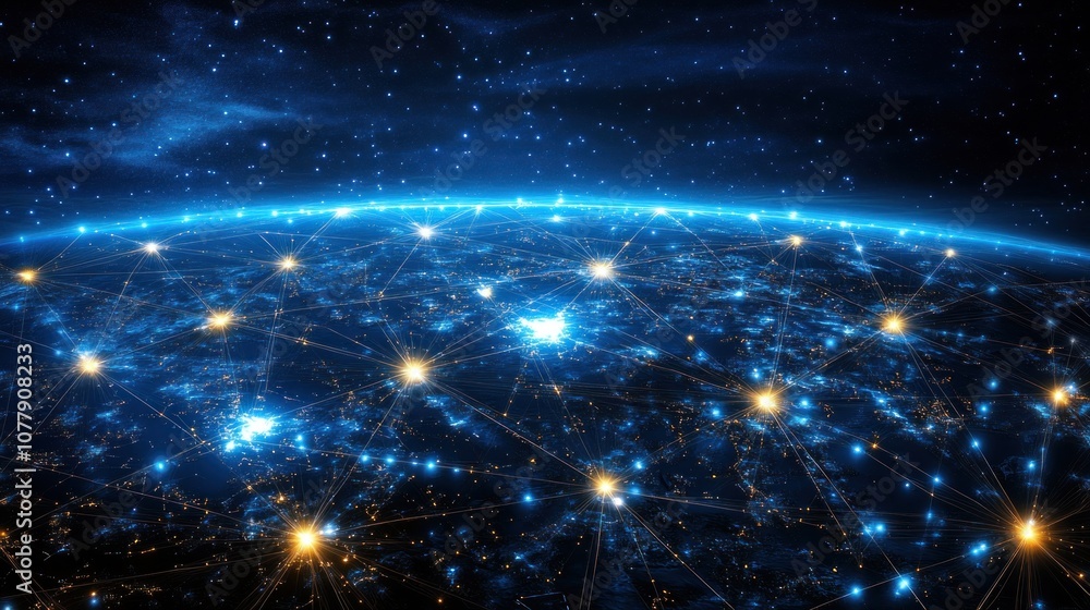 A digital representation of Earth with interconnected networks and stars in a cosmic backdrop. A digital representation of Earth with interconnected networks and stars in a cosmic backdrop.