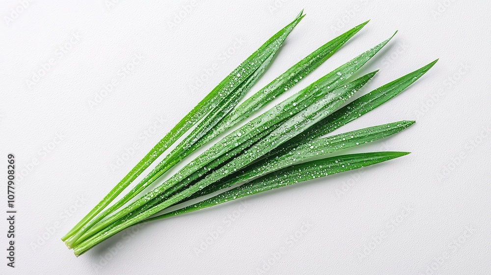 Thin grass blades with dewdrops, placed on a clean white background Thin grass blades with dewdrops, placed on a clean white background
