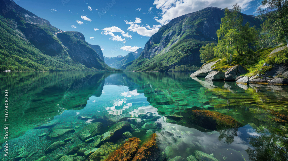 Crystal-clear lake surrounded by mountains, the water perfectly reflecting the sky and landscape as if it were glass Crystal-clear lake surrounded by mountains, the water perfectly reflecting the sky and landscape as if it were glass