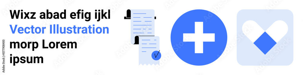 Blue text with documents, check marks, and icons of a blue cross and heart in squares. Ideal for medical websites, health apps, wellness blogs, healthcare marketing, documentation, approval Blue text with documents, check marks, and icons of a blue cross and heart in squares. Ideal for medical websites, health apps, wellness blogs, healthcare marketing, documentation, approval