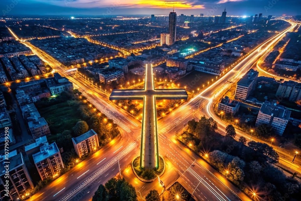 Aerial View of a Cross Sign Illuminated at Night, Surrounded by Urban Landscape, Capturing the Intersection of Roads and City Lights in a Stunning Bird's Eye Perspective Aerial View of a Cross Sign Illuminated at Night, Surrounded by Urban Landscape, Capturing the Intersection of Roads and City Lights in a Stunning Bird's Eye Perspective