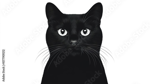 Sleek black cat with piercing eyes on a white background