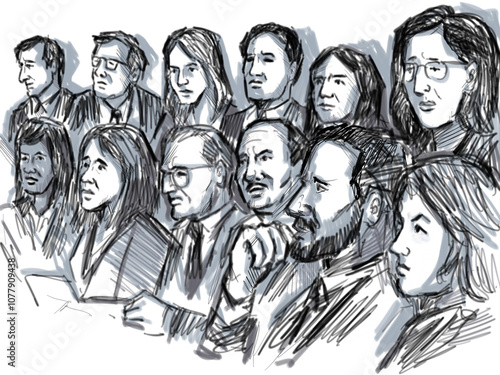 Pen and ink sketch illustration of a courtroom trial setting a jury of twelve 12 person juror on a court case drama in judiciary court of law and justice viewed from side.