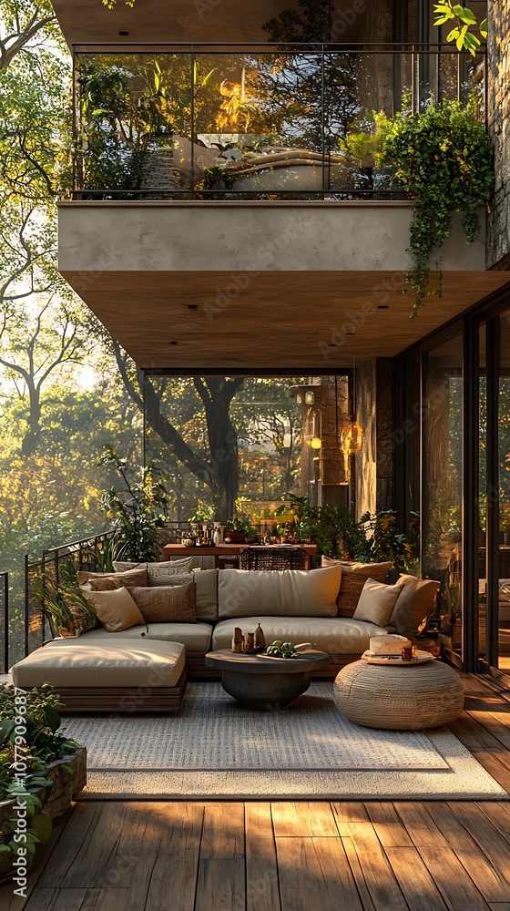 Comfortable balcony setup with cozy seating and soft warm lighting picture Comfortable balcony setup with cozy seating and soft warm lighting picture