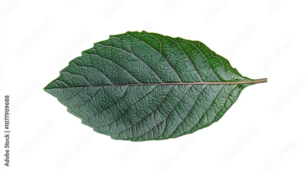Obraz premium Single leaf of basil, deep green with natural veins, isolated on a stark white background