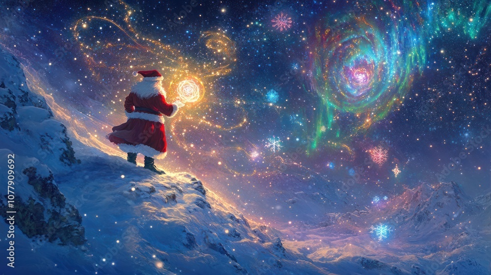 Obraz premium Santa Claus as a quantum being, showcasing him with a cloak made of abstract patterns that suggest movement and transformation,