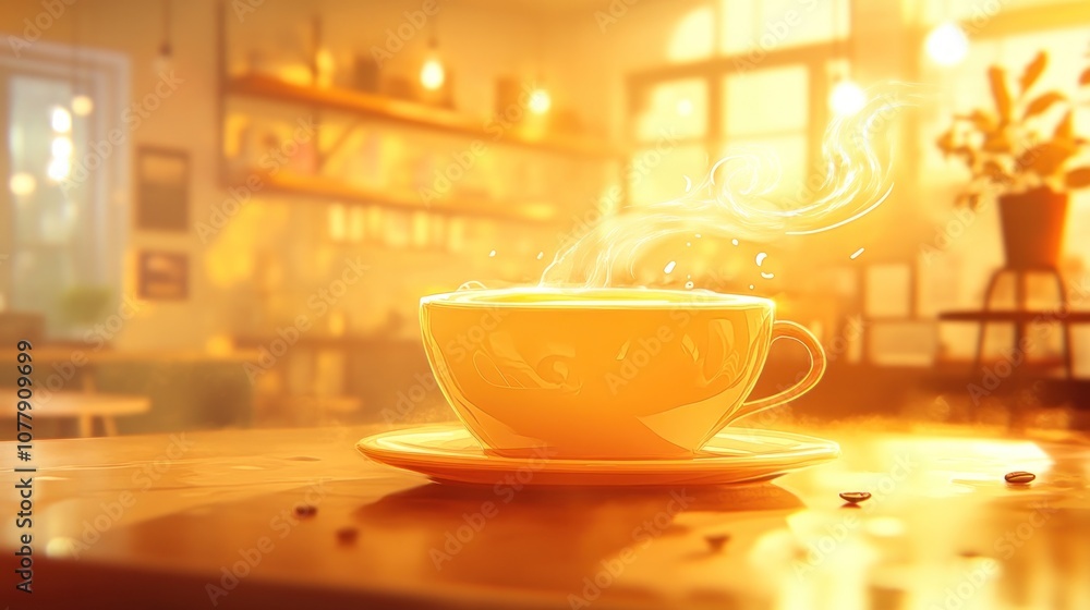 A steaming cup of coffee on a wooden table in a cozy café setting. A steaming cup of coffee on a wooden table in a cozy café setting.