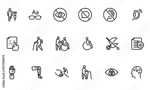 Disability icon set collection disabled person blind hearing braille person with handicap impaired symbol line stroke