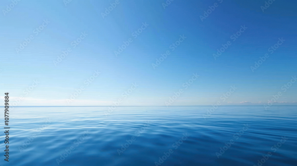 Deep blue sky stretching above a tranquil ocean, the water reflecting the clear sky like a mirror Deep blue sky stretching above a tranquil ocean, the water reflecting the clear sky like a mirror