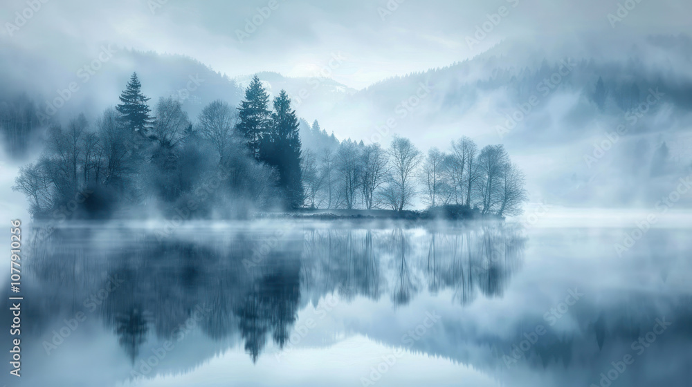 Dense fog rolling over a tranquil lake, the mist softening the edges of the landscape, creating a dreamlike atmosphere Dense fog rolling over a tranquil lake, the mist softening the edges of the landscape, creating a dreamlike atmosphere