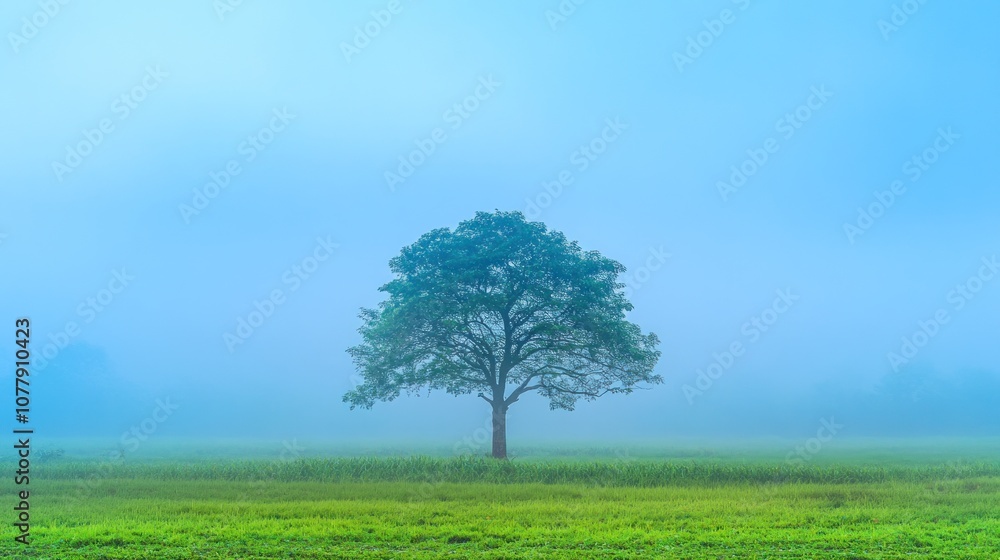Fototapeta premium A solitary tree stands in a misty field, evoking tranquility and nature's beauty.