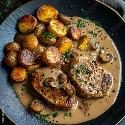 Two pork medallions topped with a creamy mushroom sauce and roasted potatoes. photo