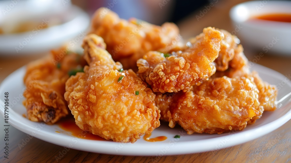 A plate of Korean fried chicken, crispy double-fried chicken tossed in a sweet and spicy sauce.
A plate of Korean fried chicken, crispy double-fried chicken tossed in a sweet and spicy sauce.